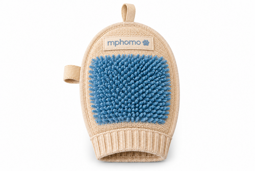 Beige and blue pet grooming mitt